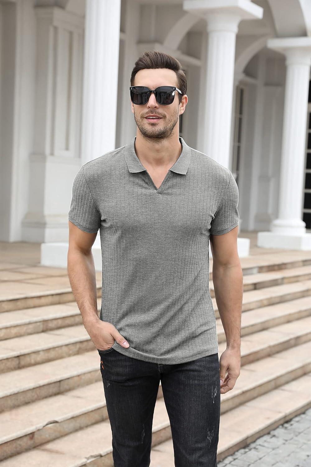 imageNITAGUT Polo Shirts for Men V Neck Slim Fit Short Sleeve Performance Golf Shirt Knit Soft TeesDark Gray