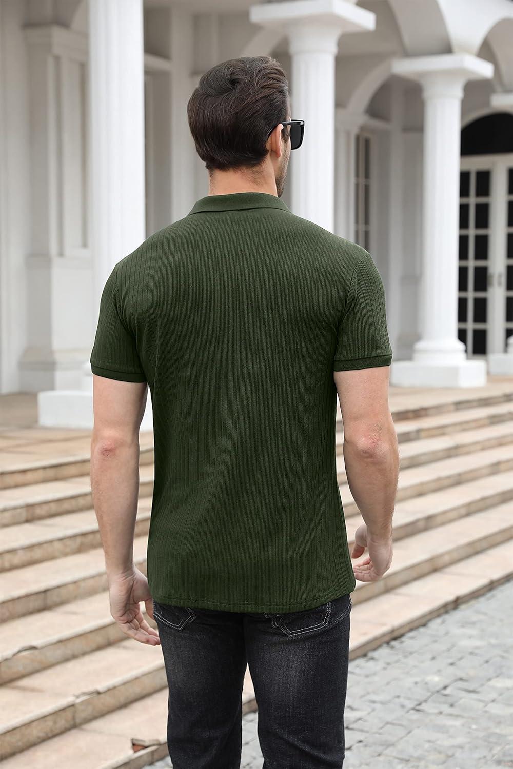imageNITAGUT Polo Shirts for Men V Neck Slim Fit Short Sleeve Performance Golf Shirt Knit Soft TeesDark Green