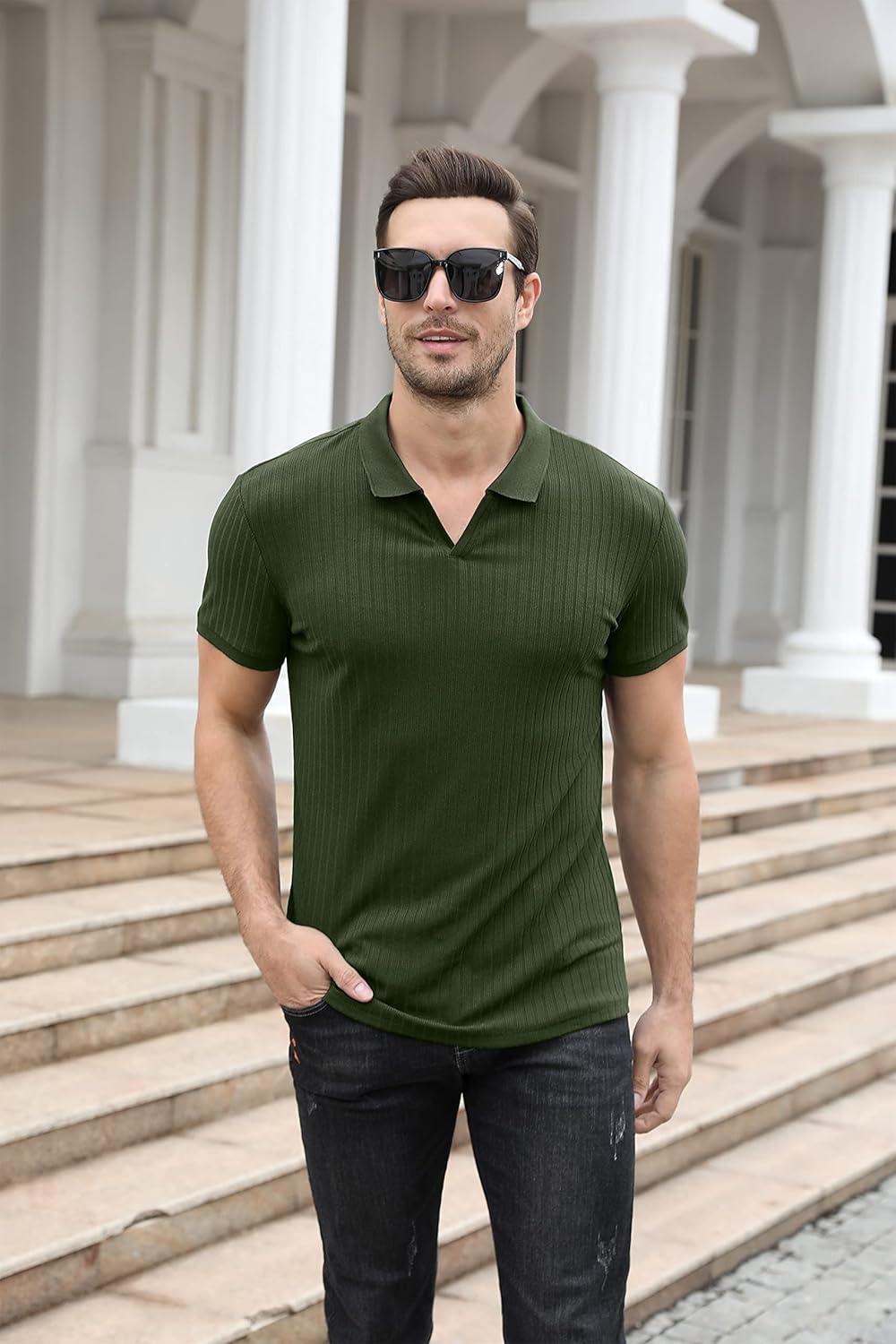 imageNITAGUT Polo Shirts for Men V Neck Slim Fit Short Sleeve Performance Golf Shirt Knit Soft TeesDark Green