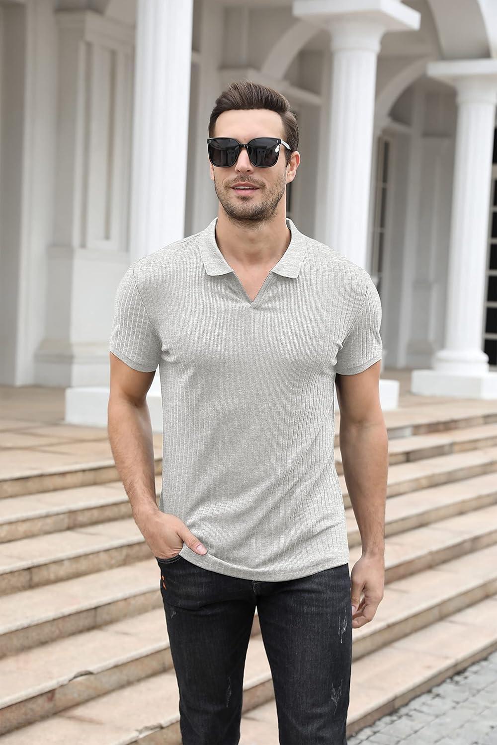 imageNITAGUT Polo Shirts for Men V Neck Slim Fit Short Sleeve Performance Golf Shirt Knit Soft TeesLight Gray