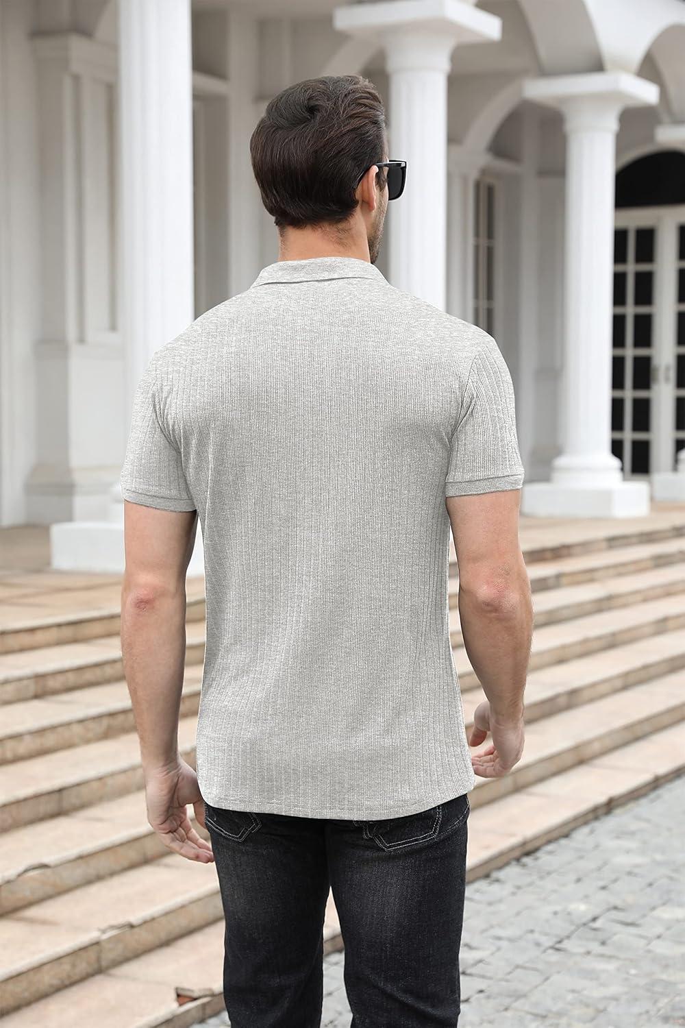 imageNITAGUT Polo Shirts for Men V Neck Slim Fit Short Sleeve Performance Golf Shirt Knit Soft TeesLight Gray