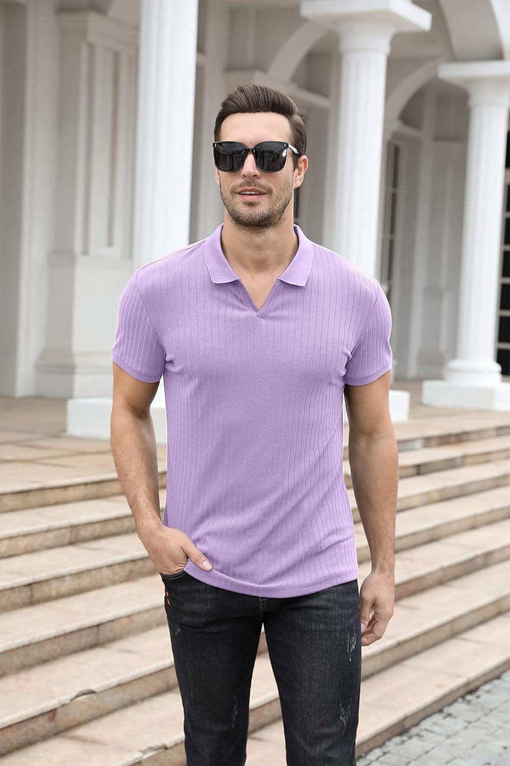 imageNITAGUT Polo Shirts for Men V Neck Slim Fit Short Sleeve Performance Golf Shirt Knit Soft TeesLight Purple