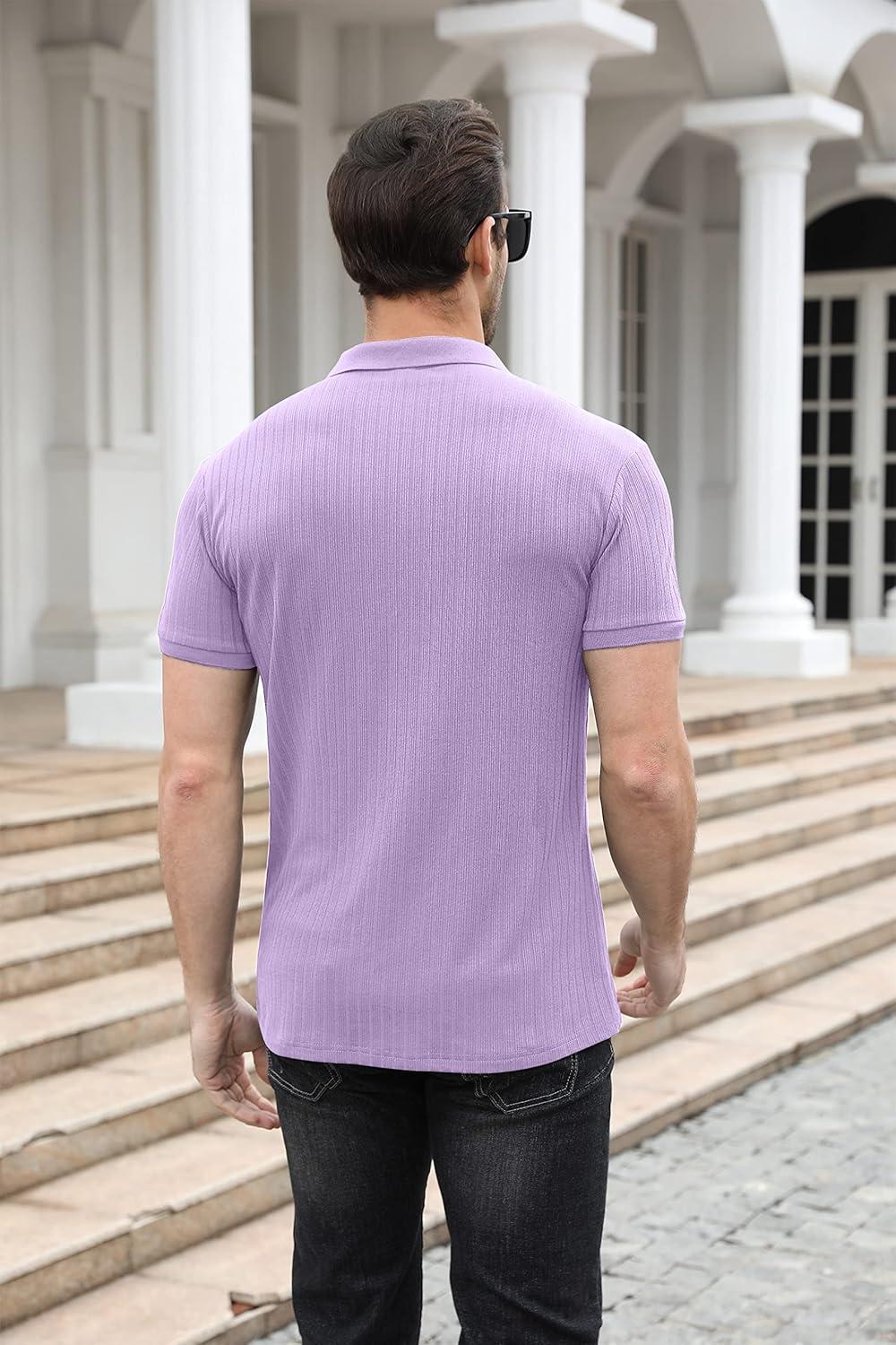 imageNITAGUT Polo Shirts for Men V Neck Slim Fit Short Sleeve Performance Golf Shirt Knit Soft TeesLight Purple