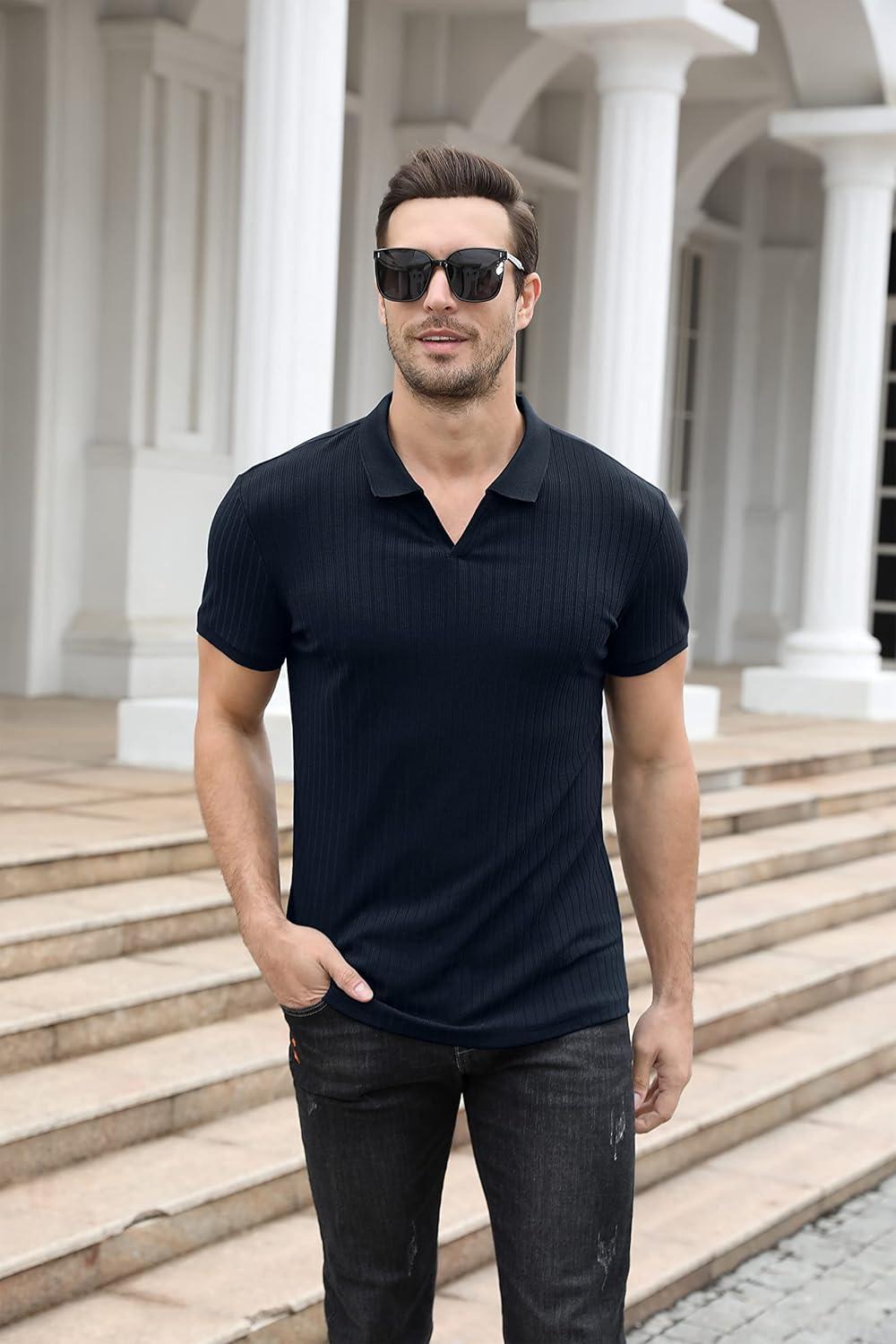imageNITAGUT Polo Shirts for Men V Neck Slim Fit Short Sleeve Performance Golf Shirt Knit Soft TeesNavy Blue
