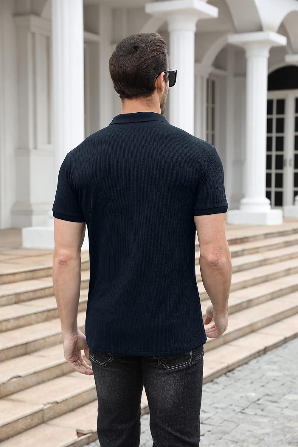 imageNITAGUT Polo Shirts for Men V Neck Slim Fit Short Sleeve Performance Golf Shirt Knit Soft TeesNavy Blue