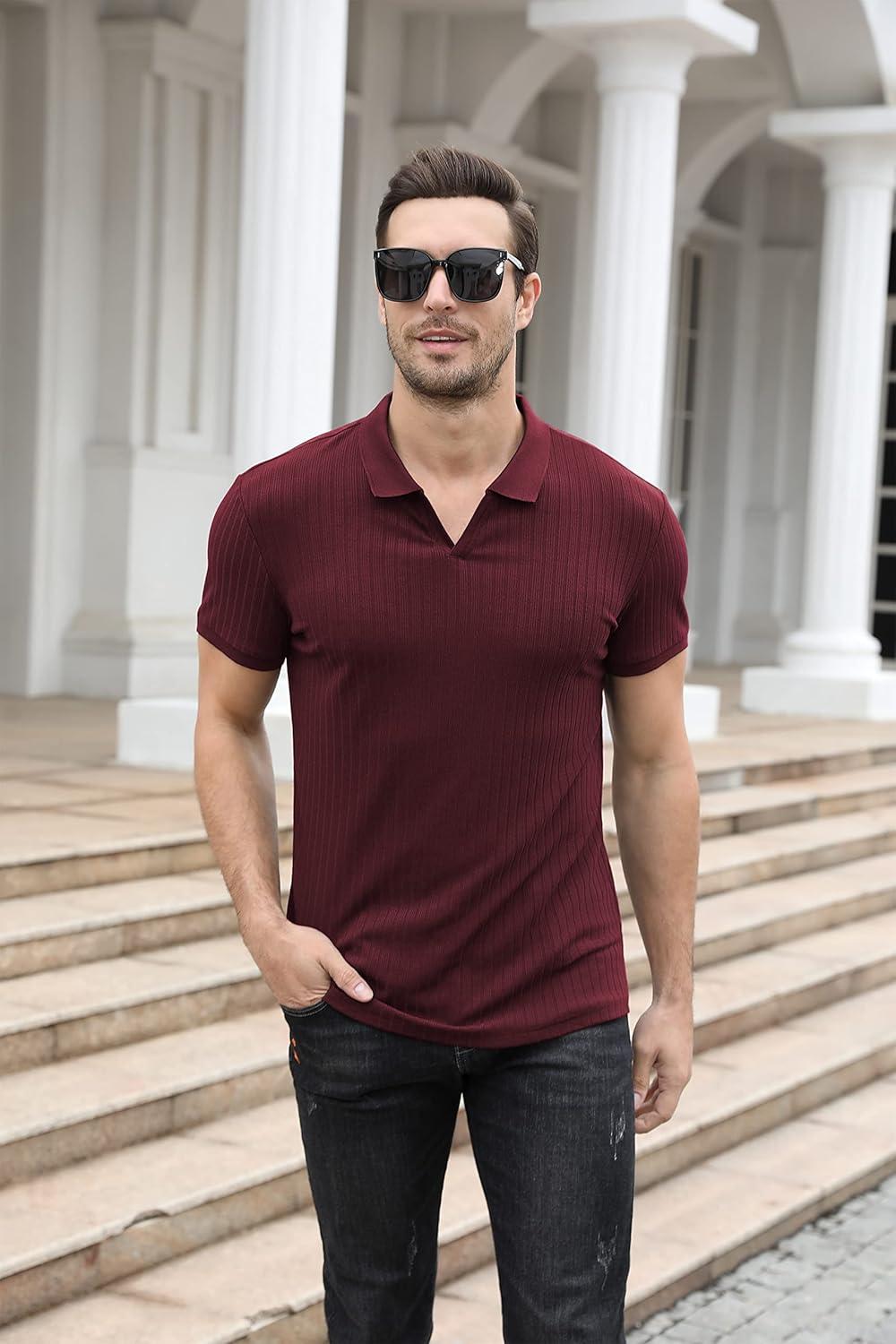 imageNITAGUT Polo Shirts for Men V Neck Slim Fit Short Sleeve Performance Golf Shirt Knit Soft TeesWine Red