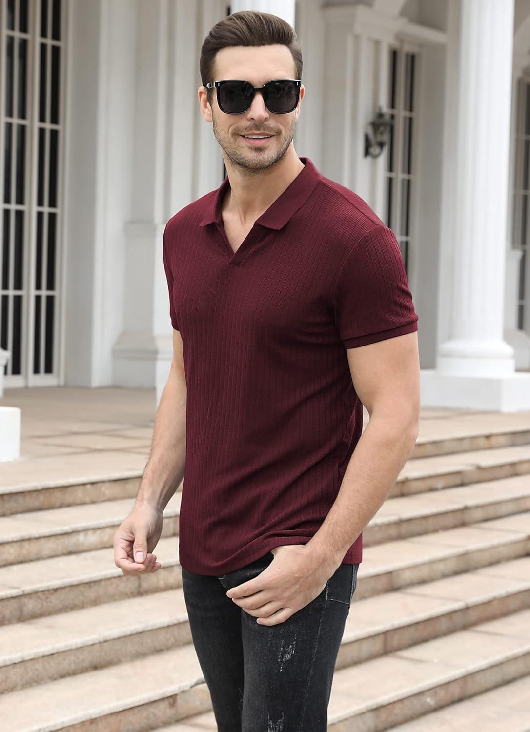 imageNITAGUT Polo Shirts for Men V Neck Slim Fit Short Sleeve Performance Golf Shirt Knit Soft TeesWine Red