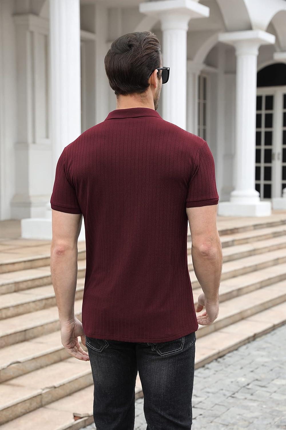 imageNITAGUT Polo Shirts for Men V Neck Slim Fit Short Sleeve Performance Golf Shirt Knit Soft TeesWine Red