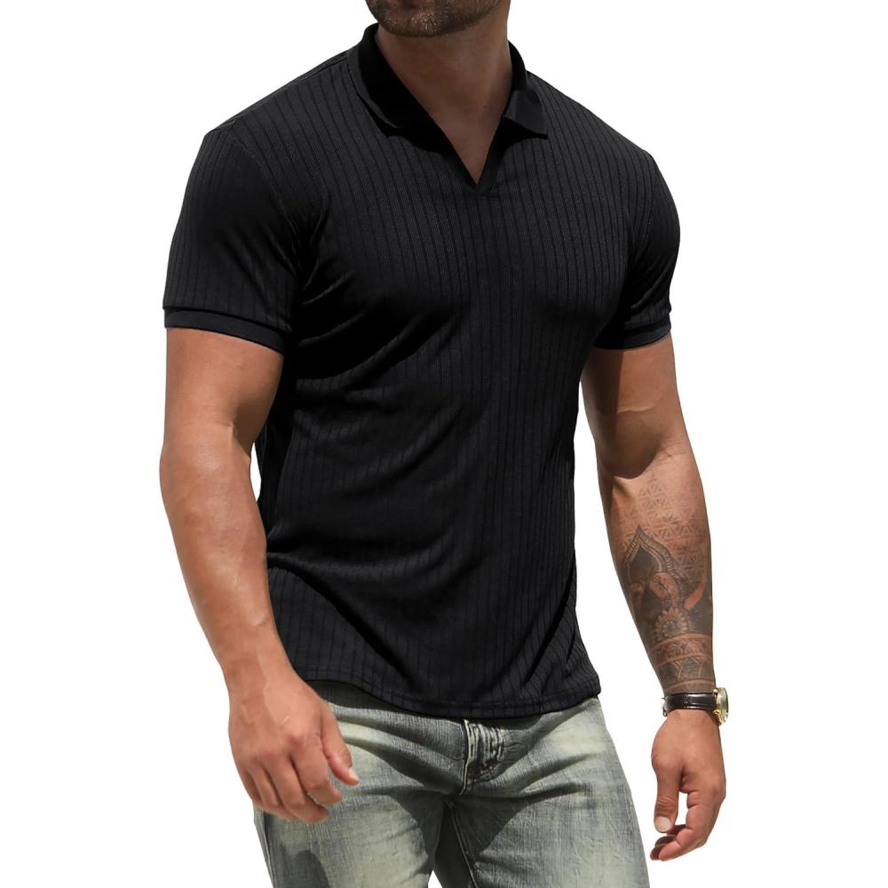 imageNITAGUT Polo Shirts for Men V Neck Slim Fit Short Sleeve Performance Golf Shirt Knit Soft TeesBlack