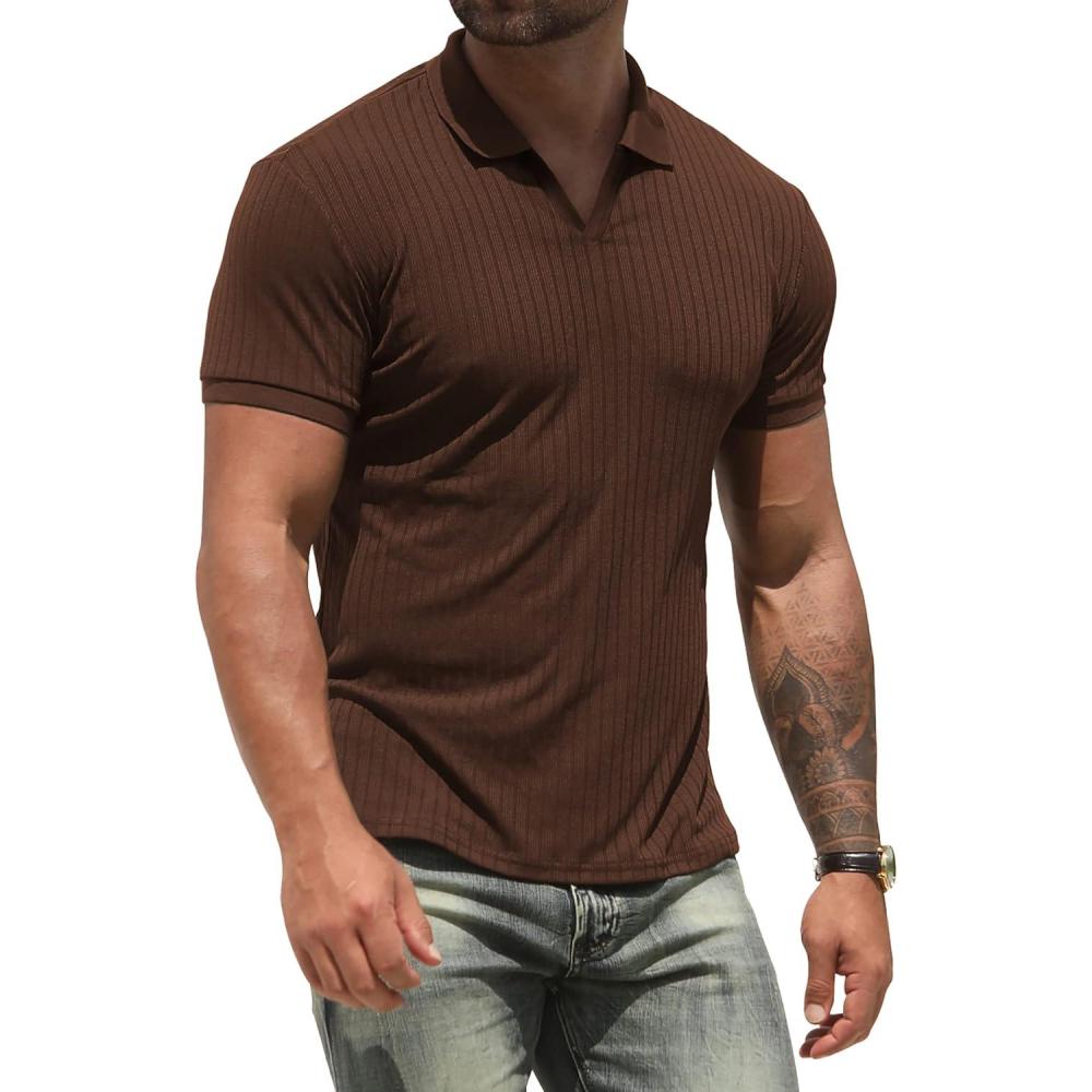 imageNITAGUT Polo Shirts for Men V Neck Slim Fit Short Sleeve Performance Golf Shirt Knit Soft TeesBrown