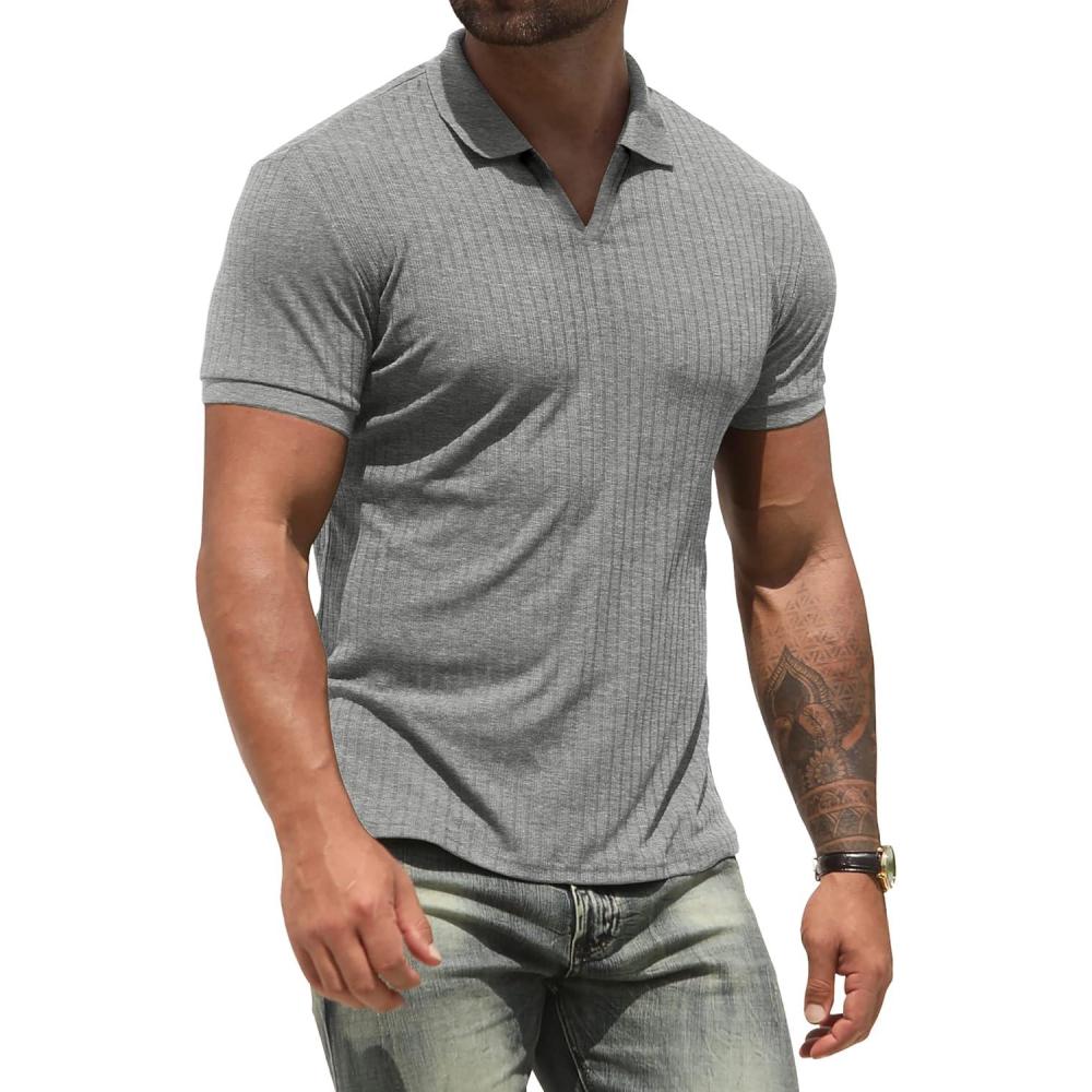 imageNITAGUT Polo Shirts for Men V Neck Slim Fit Short Sleeve Performance Golf Shirt Knit Soft TeesDark Gray