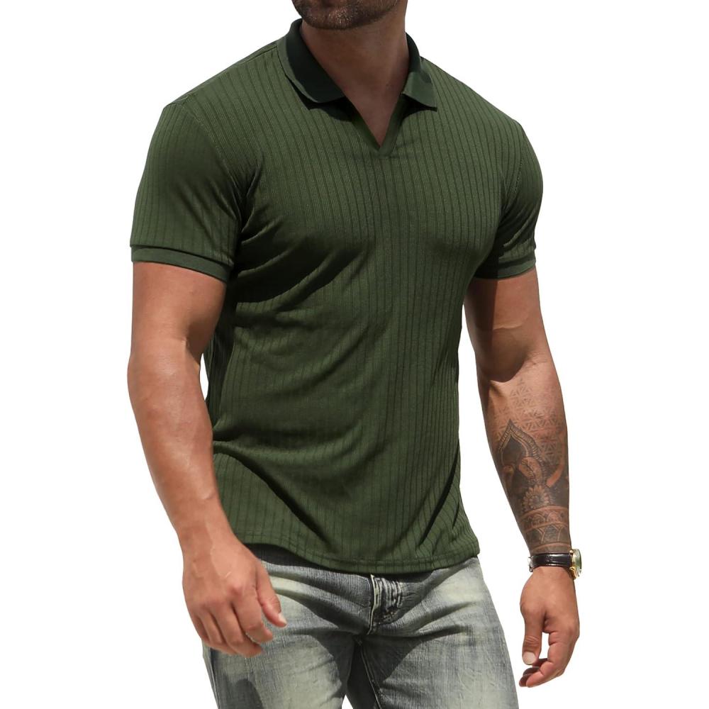 imageNITAGUT Polo Shirts for Men V Neck Slim Fit Short Sleeve Performance Golf Shirt Knit Soft TeesDark Green