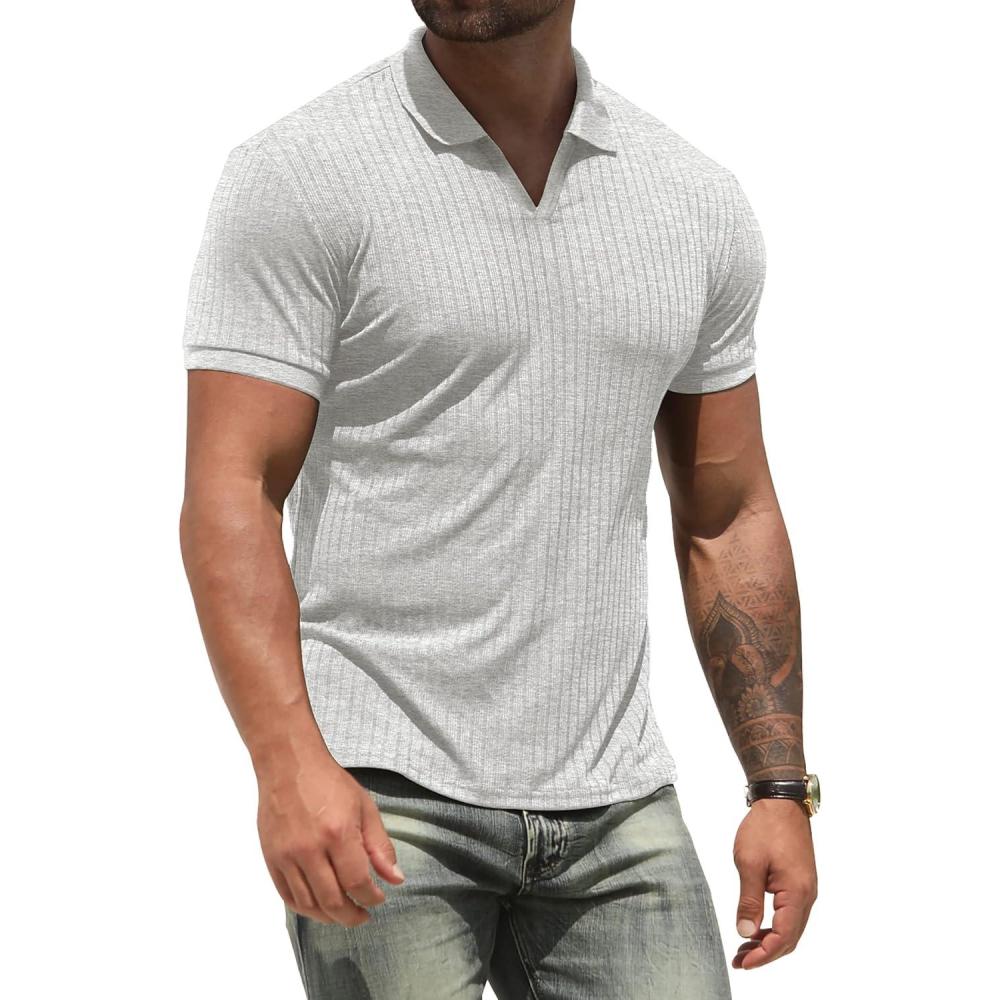 imageNITAGUT Polo Shirts for Men V Neck Slim Fit Short Sleeve Performance Golf Shirt Knit Soft TeesLight Gray