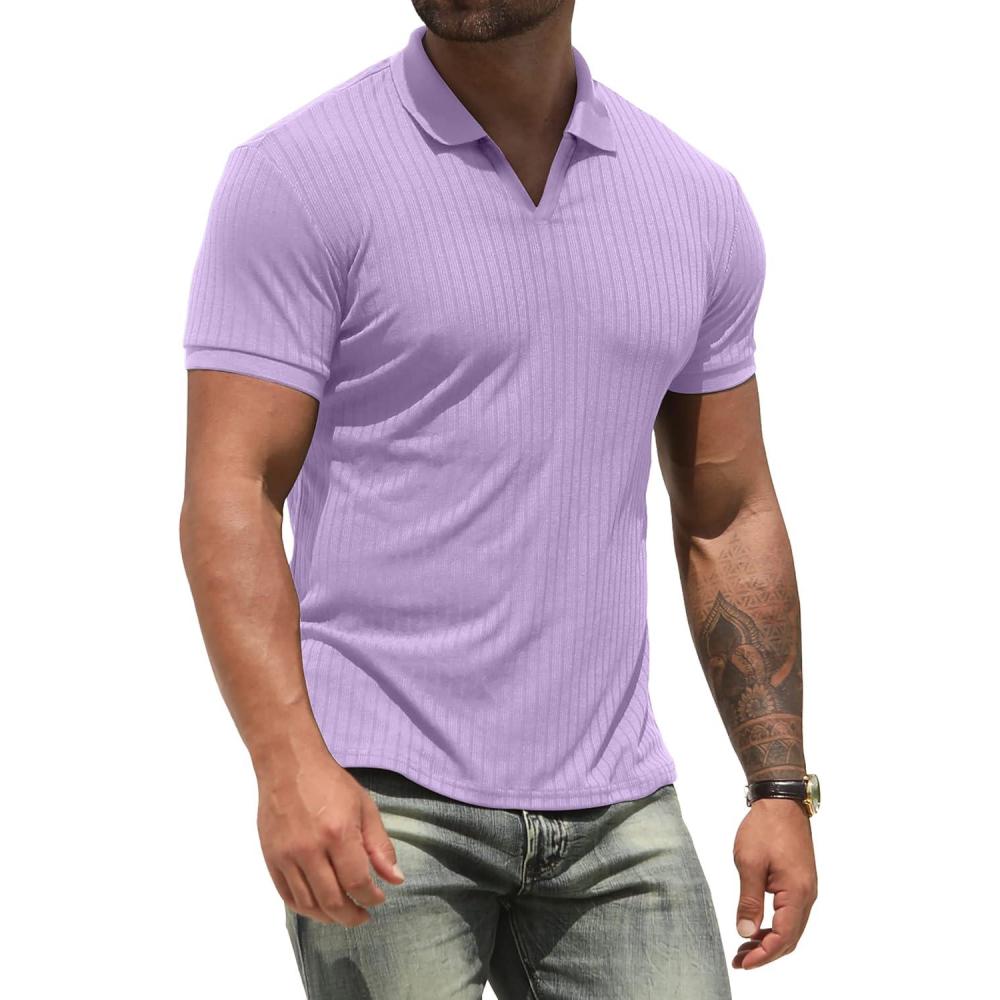imageNITAGUT Polo Shirts for Men V Neck Slim Fit Short Sleeve Performance Golf Shirt Knit Soft TeesLight Purple