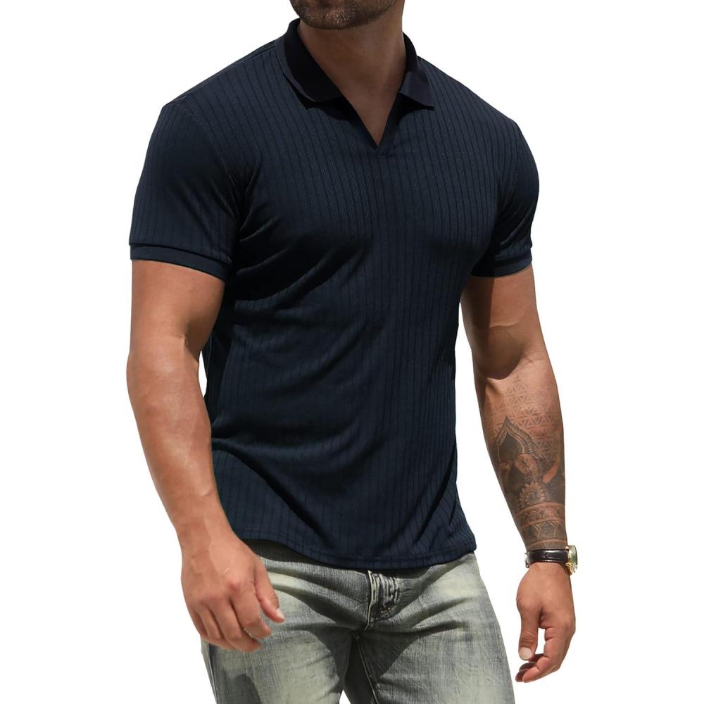 imageNITAGUT Polo Shirts for Men V Neck Slim Fit Short Sleeve Performance Golf Shirt Knit Soft TeesNavy Blue