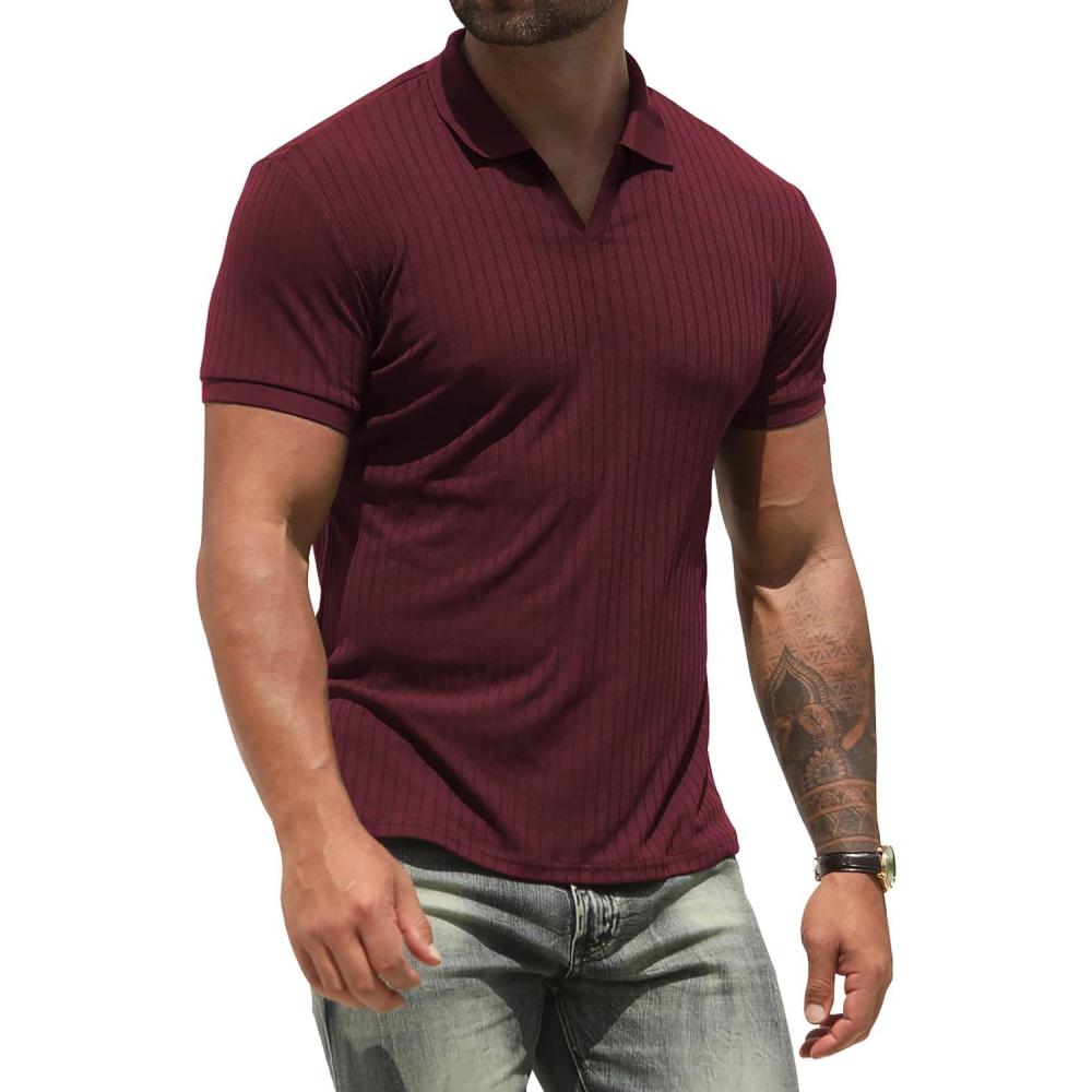 imageNITAGUT Polo Shirts for Men V Neck Slim Fit Short Sleeve Performance Golf Shirt Knit Soft TeesWine Red