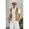 imageNITAGUT Mens Polo Shirts Vintage Striped Knitting Short Sleeves Button Down Golf ShirtsBeige