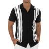 imageNITAGUT Mens Polo Shirts Vintage Striped Knitting Short Sleeves Button Down Golf ShirtsBlack Gray