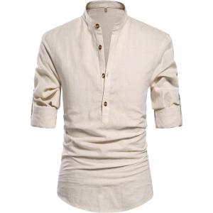imageNITAGUT Men Henley Neck Long Sleeve Daily Look Linen Shirts01beige
