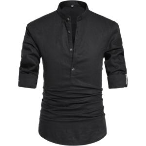 imageNITAGUT Men Henley Neck Long Sleeve Daily Look Linen ShirtsBlack