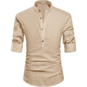 imageNITAGUT Men Henley Neck Long Sleeve Daily Look Linen ShirtsKhaki