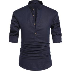 imageNITAGUT Men Henley Neck Long Sleeve Daily Look Linen ShirtsNavy Blue