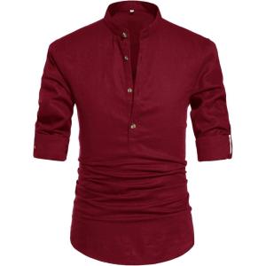 imageNITAGUT Men Henley Neck Long Sleeve Daily Look Linen ShirtsWine Red