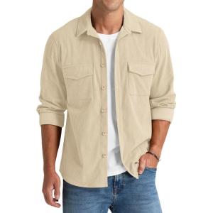 imageNITAGUT Mens Corduroy Shirt Long Sleeve Button Down Work Shirt Jacket with Chest Flap PocketBeige