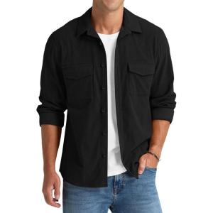 imageNITAGUT Mens Corduroy Shirt Long Sleeve Button Down Work Shirt Jacket with Chest Flap PocketBlack