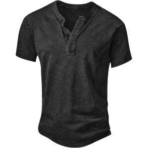 imageNITAGUT Mens Distressed Henley Shirts Retro Short Sleeve Cotton Tee Shirts Casual Button Down Washed TShirtsBlack