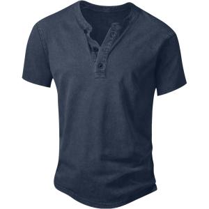 imageNITAGUT Mens Distressed Henley Shirts Retro Short Sleeve Cotton Tee Shirts Casual Button Down Washed TShirtsDeep Blue