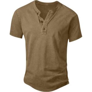 imageNITAGUT Mens Distressed Henley Shirts Retro Short Sleeve Cotton Tee Shirts Casual Button Down Washed TShirtsDeep Khaki