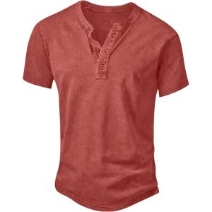 imageNITAGUT Mens Distressed Henley Shirts Retro Short Sleeve Cotton Tee Shirts Casual Button Down Washed TShirtsRed