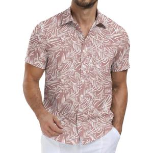 imageNITAGUT Mens Hawaiian Shirts Button Down Short Sleeve Tropical Vacation Beach Shirts with PocketPink Leaf