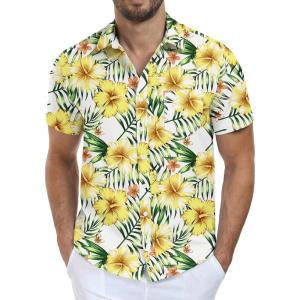 imageNITAGUT Mens Hawaiian Shirts Button Down Short Sleeve Tropical Vacation Beach Shirts with PocketYellow  Flowers
