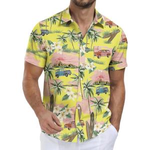 imageNITAGUT Mens Hawaiian Shirts Button Down Short Sleeve Tropical Vacation Beach Shirts with PocketYellow Car