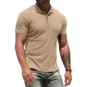 imageNITAGUT Mens Polo Shirts Long and Short Sleeve Performance Slim Fit Zip TShirts for Sports Golf Tennis Workout02 Beige