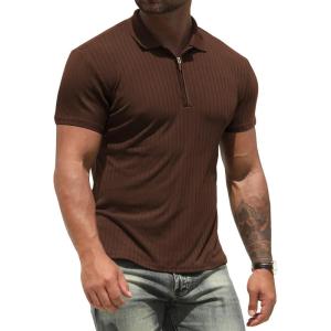 imageNITAGUT Mens Polo Shirts Long and Short Sleeve Performance Slim Fit Zip TShirts for Sports Golf Tennis Workout02 Brown