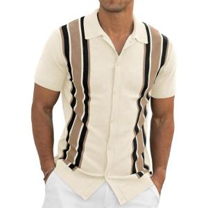 imageNITAGUT Mens Polo Shirts Vintage Striped Knitting Short Sleeves Button Down Golf ShirtsBeige