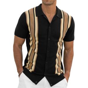 imageNITAGUT Mens Polo Shirts Vintage Striped Knitting Short Sleeves Button Down Golf ShirtsBlack Almond