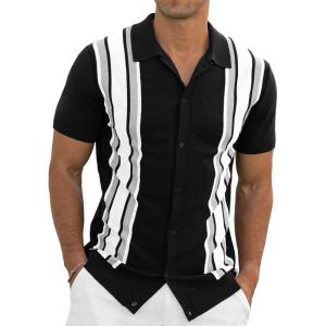 imageNITAGUT Mens Polo Shirts Vintage Striped Knitting Short Sleeves Button Down Golf ShirtsBlack Gray
