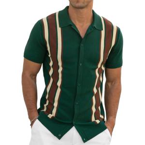 imageNITAGUT Mens Polo Shirts Vintage Striped Knitting Short Sleeves Button Down Golf ShirtsGreen