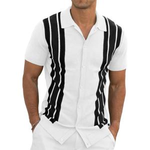 imageNITAGUT Mens Polo Shirts Vintage Striped Knitting Short Sleeves Button Down Golf ShirtsWhite Black