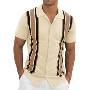 imageNITAGUT Mens Polo Shirts Vintage Striped Knitting Short Sleeves Button Down Golf ShirtsYellow