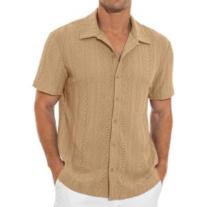 imageNITAGUT Mens Short Sleeve Shirts Casual Button Down Shirts Vacation Beach Summer Hollow Out Tops01 Khaki