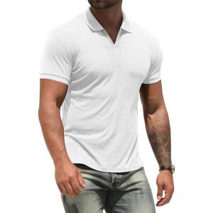 imageNITAGUT Polo Shirts for Men V Neck Slim Fit Short Sleeve Performance Golf Shirt Knit Soft Tees0 White