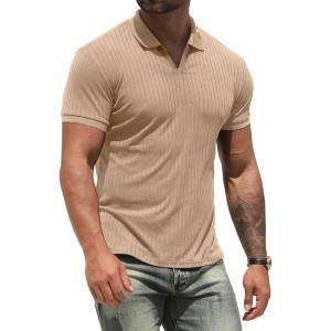 imageNITAGUT Polo Shirts for Men V Neck Slim Fit Short Sleeve Performance Golf Shirt Knit Soft TeesBeige