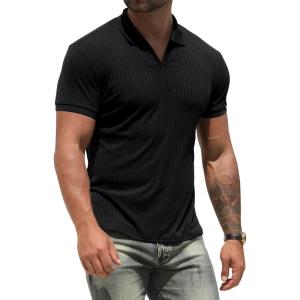 imageNITAGUT Polo Shirts for Men V Neck Slim Fit Short Sleeve Performance Golf Shirt Knit Soft TeesBlack