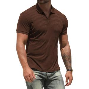 imageNITAGUT Polo Shirts for Men V Neck Slim Fit Short Sleeve Performance Golf Shirt Knit Soft TeesBrown