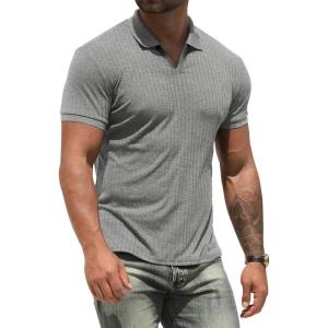 imageNITAGUT Polo Shirts for Men V Neck Slim Fit Short Sleeve Performance Golf Shirt Knit Soft TeesDark Gray